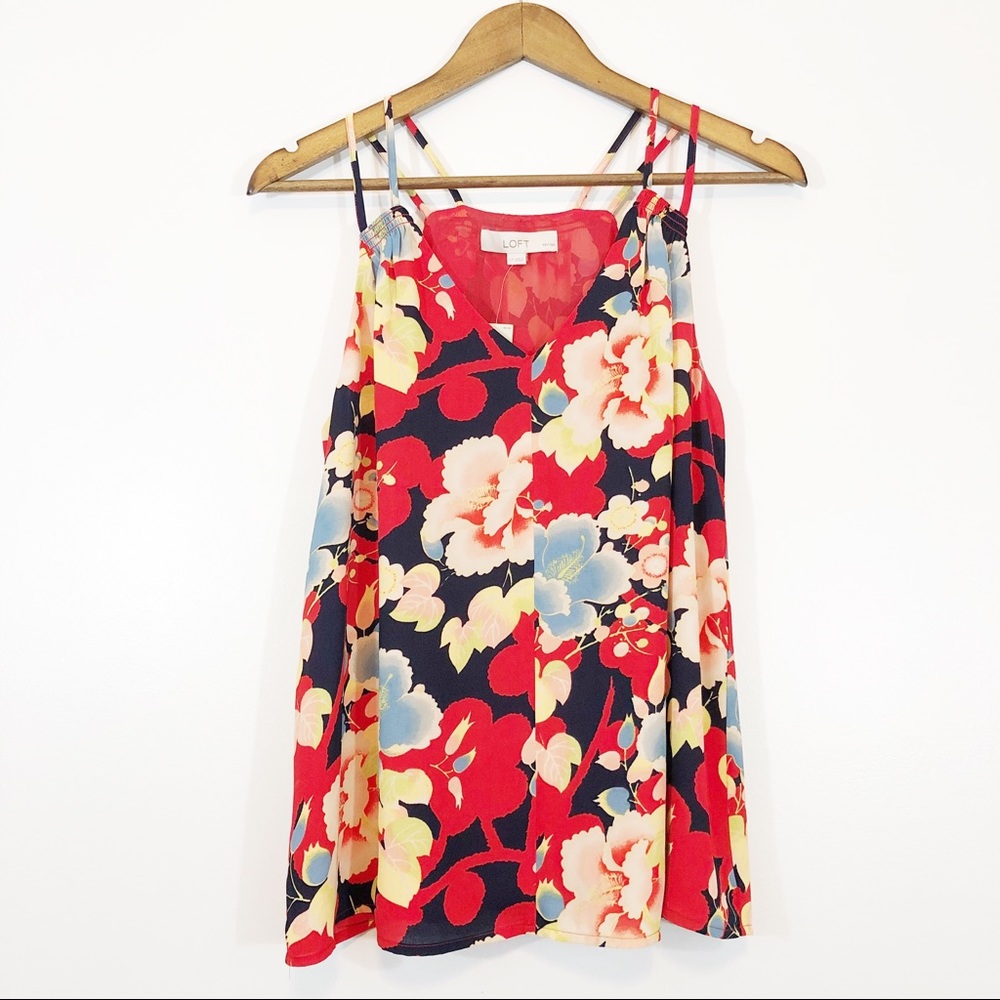 Loft Red Floral Hibiscus Tank Top Petite Medium